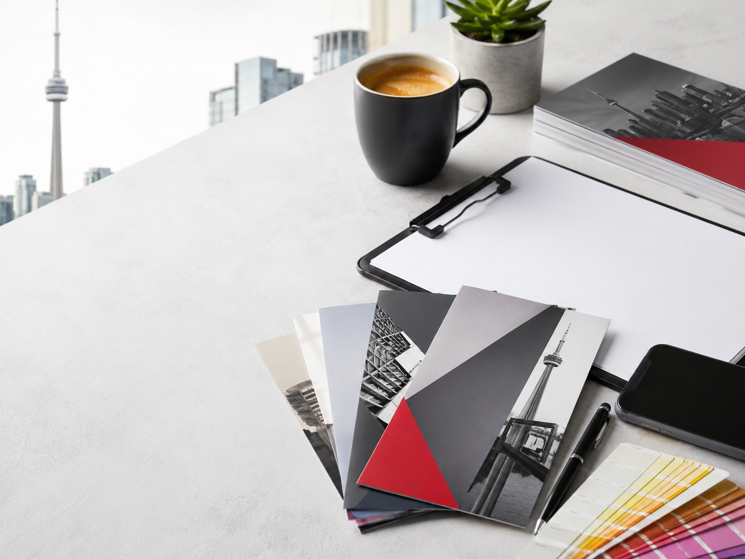 Modern workspace with flyer design mockups and Toronto branding materials