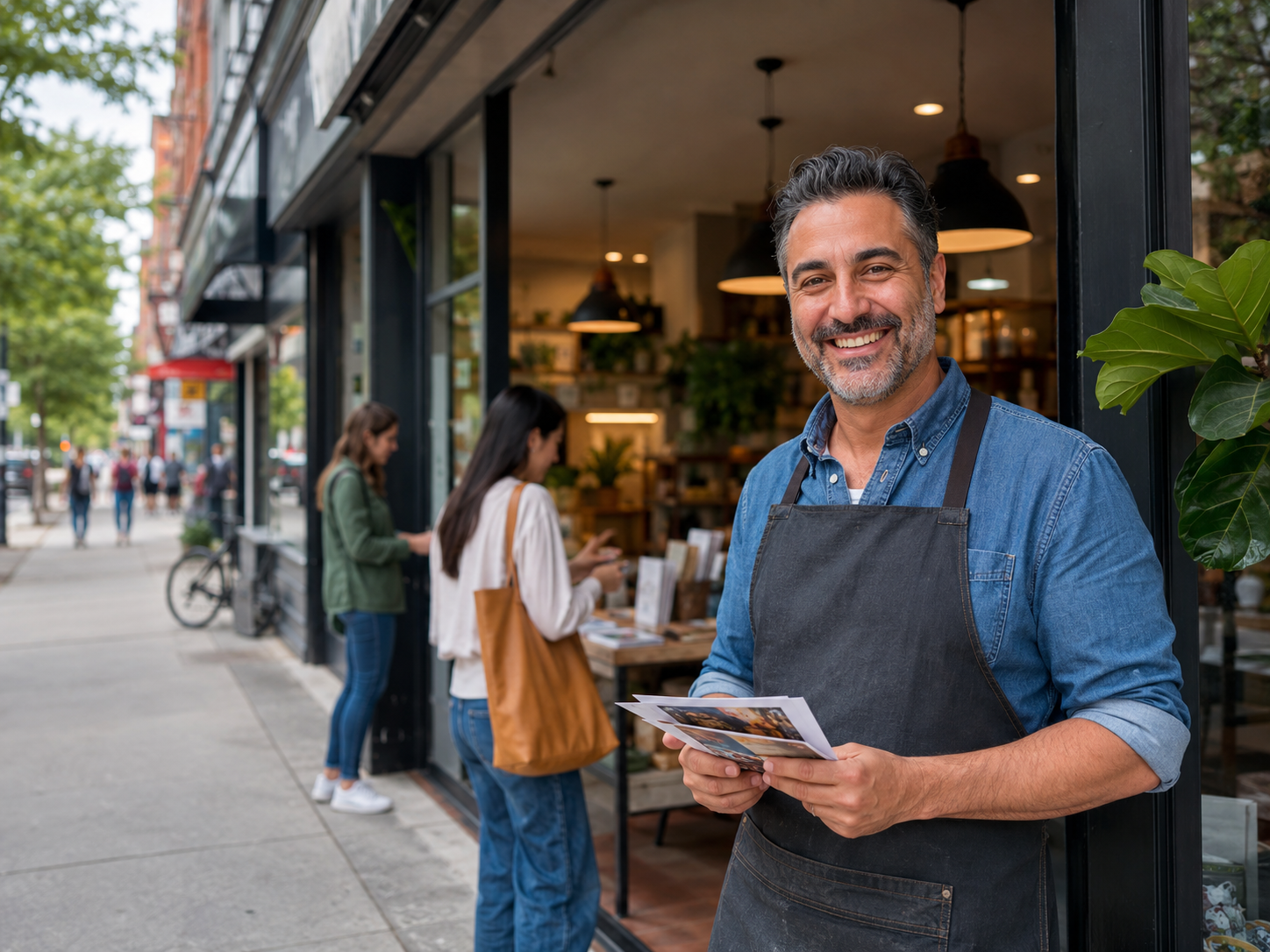 Toronto shop owner holding promotional flyers outside a cozy business