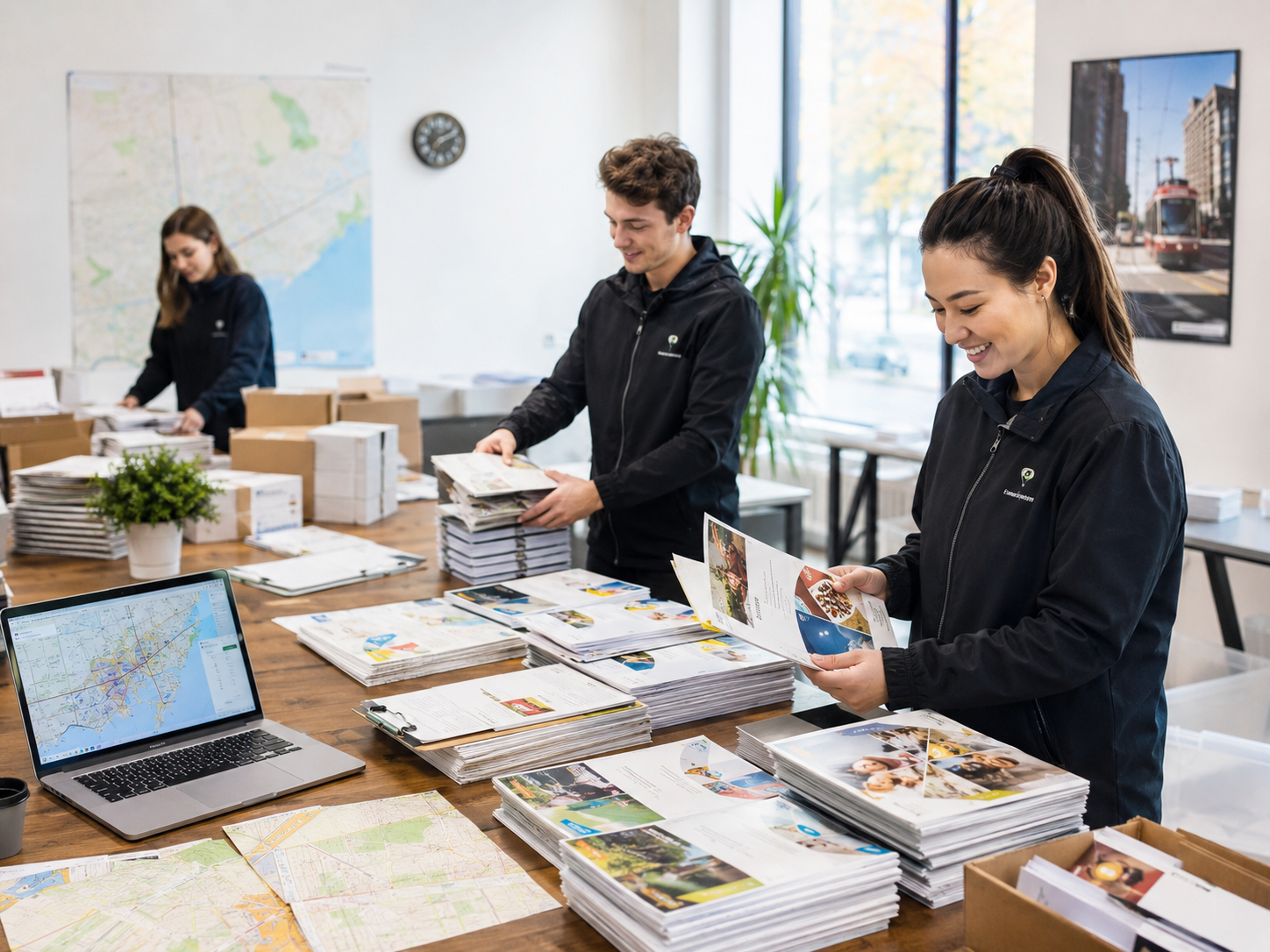 Team organizing printed flyers and delivery maps in a bright office